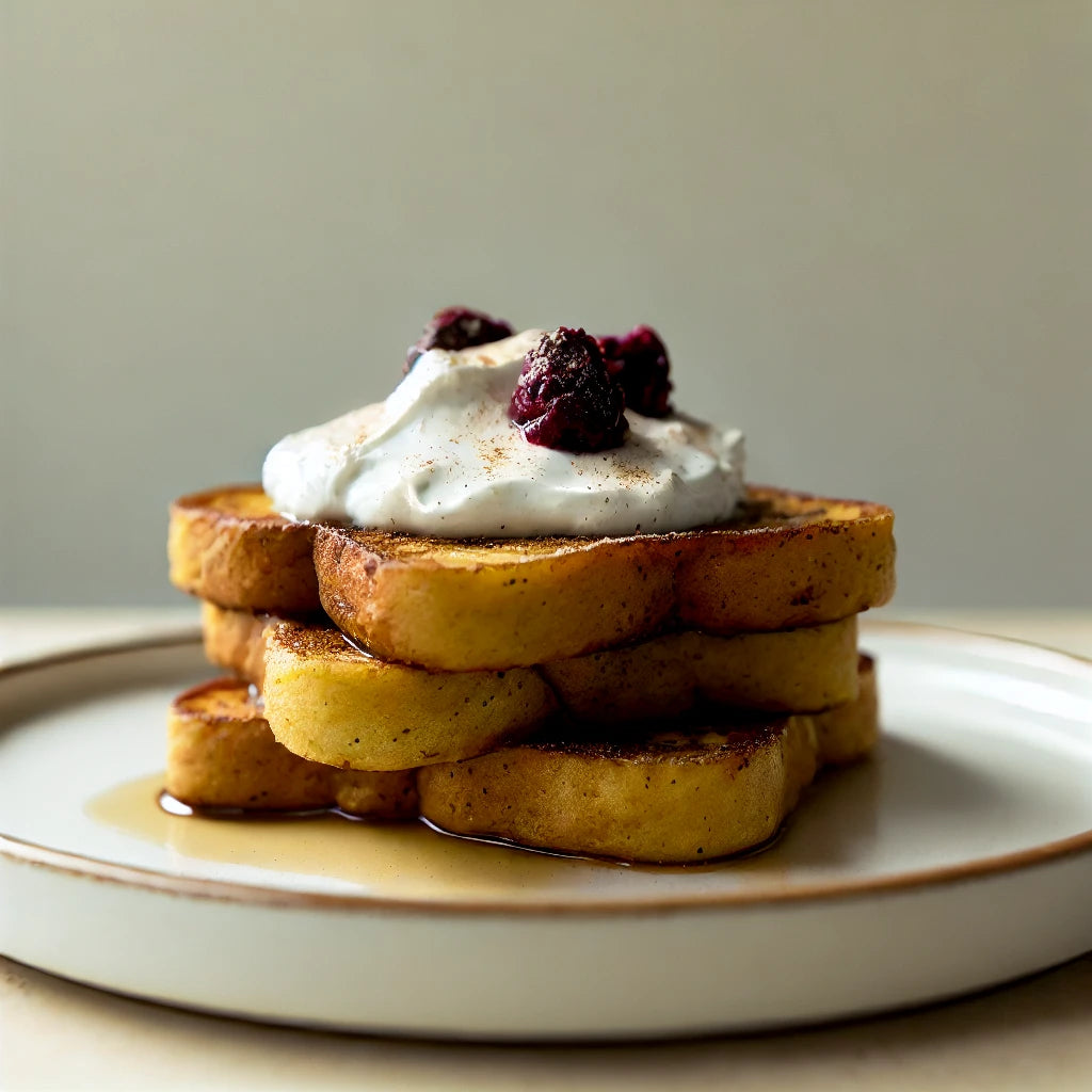Picture of a stack of french toast, topped with cream cheese. fruit, and syrup.