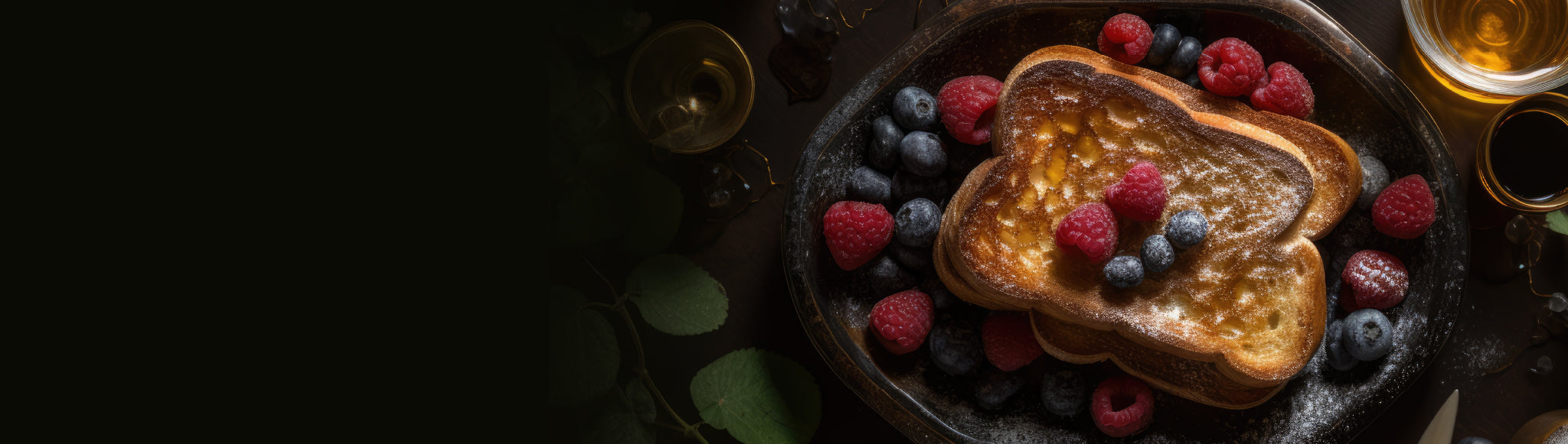 A plate of french toast topped with berries, on a dark background.