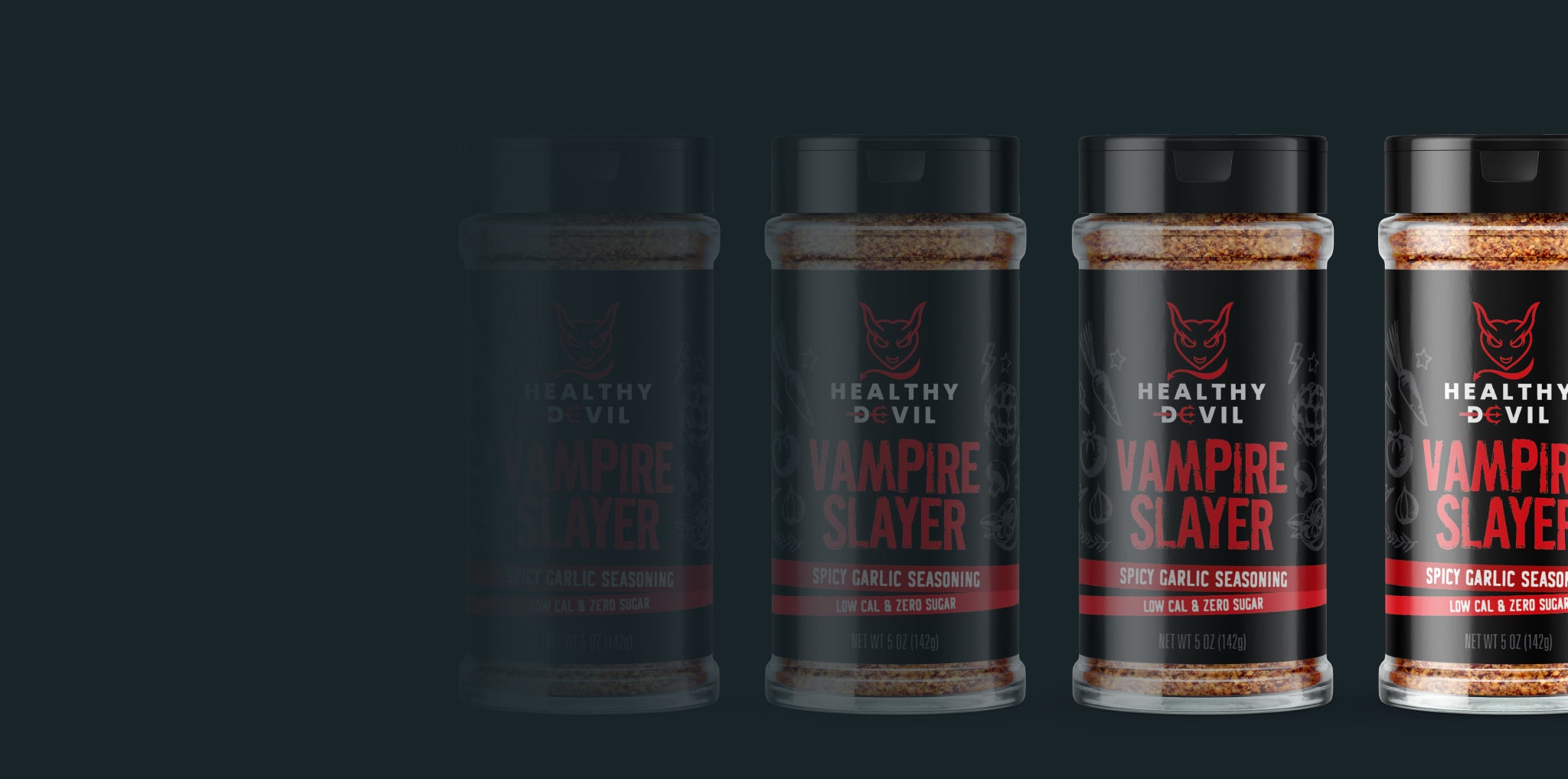 Several pictures of a shaker of Healthy Devil Vampire Slayer seasoning, becoming more opaque from left to right, with a dark background.