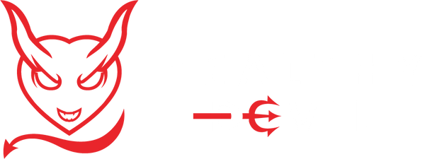 Healthy Devil company logo. A red outline of a devil face and pointed tail, with the company name next to it in white block letters. The "E" in "Devil" comprises the tines of a pitchfork.