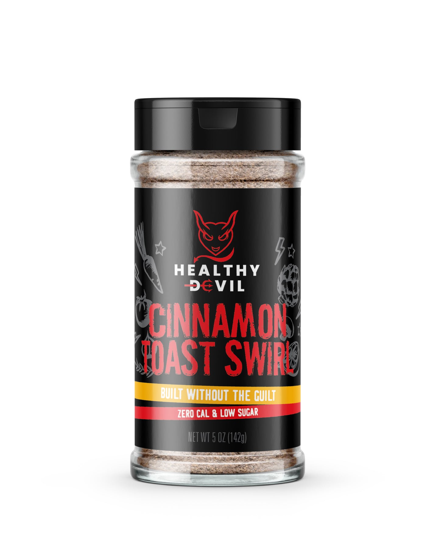 5oz Shaker of Healthy Devil Cinnamon Toast Swirl seasoning, with the subheading “Built Without The Guilt; Zero Cal & Low Sugar”. The label shows the company logo and text on a black background.