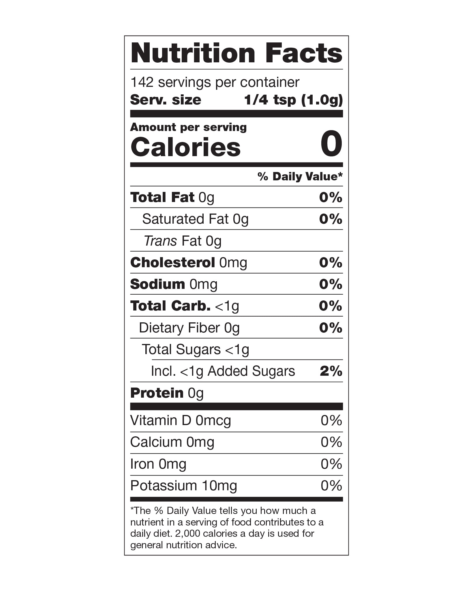 Nutrition panel for Cinnamon Toast Swirl:
Per ¼ tsp (1.0g) serving (142 servings per container):
Added sugars, <1g, 2% daily value.
All other nutrients 0% daily value.