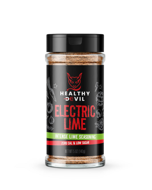 5oz Shaker of Healthy Devil Electric Lime seasoning, with the subheading “Intense Lime Seasoning; Zero Cal & Low Sugar”. The label shows the company logo and text on a black background.