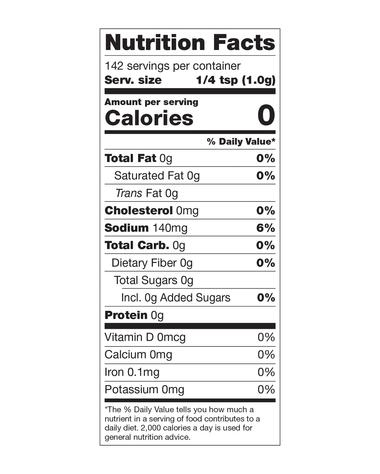 Nutrition panel for Electric Lime:
Per ¼ tsp (1.0g) serving (142 servings per container):
Sodium, 140mg, 6% daily value.
All other nutrients 0% daily value.