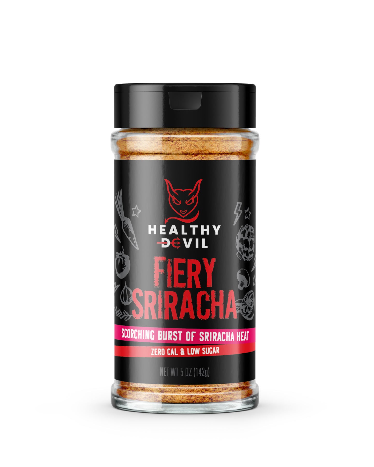 5oz Shaker of Healthy Devil Fiery Sriracha seasoning, with the subheading “Scorching Burst of Sriracha Heat; Zero Cal & Low Sugar”. The label shows the company logo and text on a black background.