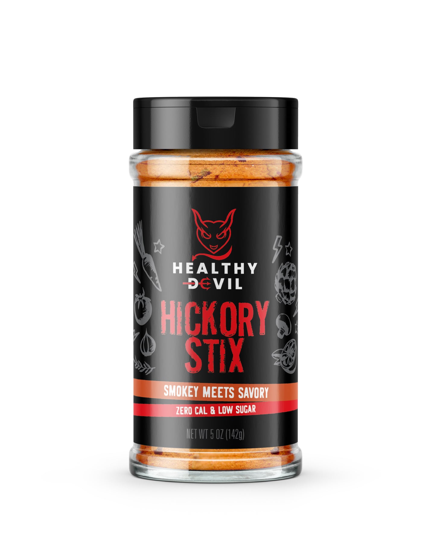 5oz Shaker of Healthy Devil Hickory Stix seasoning, with the subheading “Smokey Meets Savory; Zero Cal & Low Sugar”. The label shows the company logo and text on a black background.