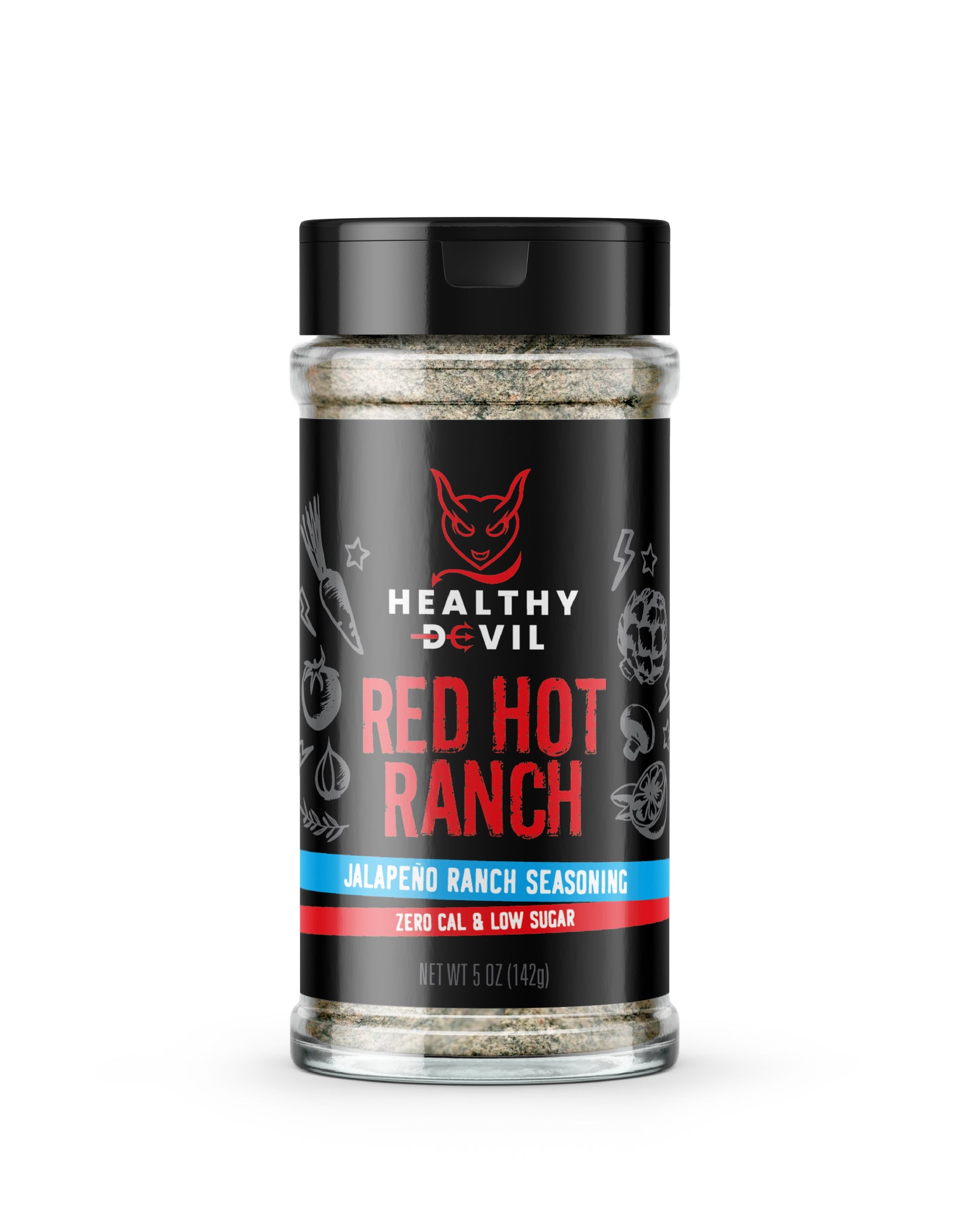 5oz Shaker of Healthy Devil Red Hot Ranch seasoning, with the subheading “Jalapeno Ranch Seasoning; Zero Cal & Low Sugar”. The label shows the company logo and text on a black background.