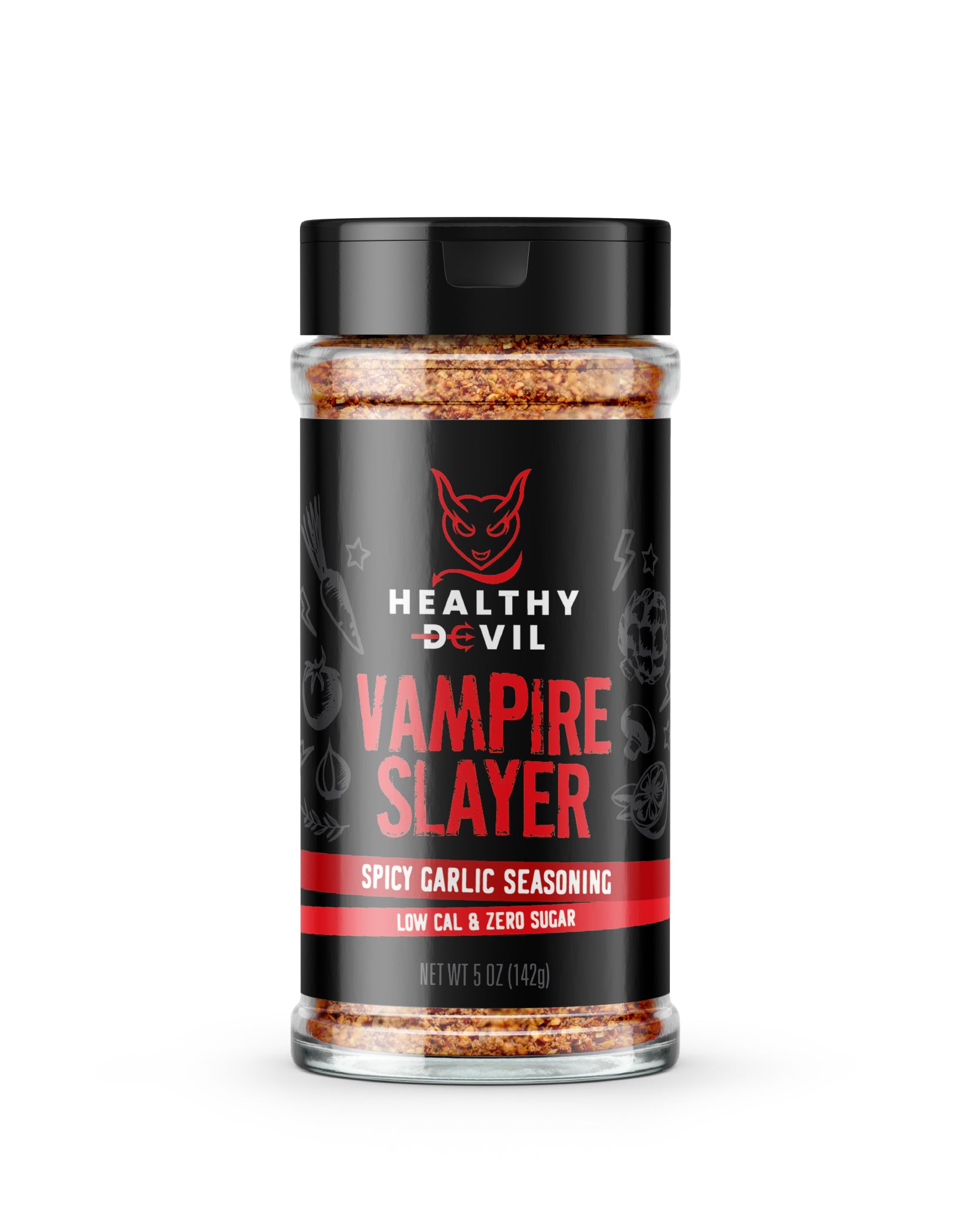 5oz Shaker of Healthy Devil Vampire Slayer seasoning, with the subheading “Spicy Garlic Seasoning; Zero Cal & Low Sugar”. The label shows the company logo and text on a black background.